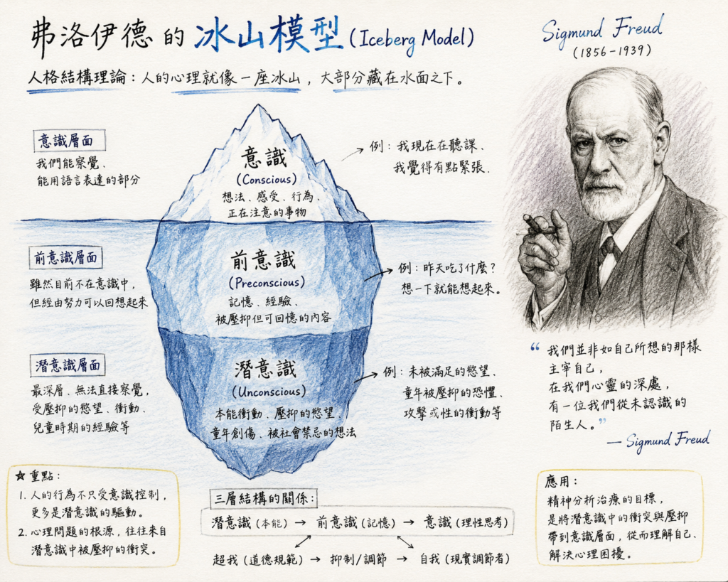 freud-iceberg-model-unconscious-mind 弗洛伊德冰山模型,說明潛意識、前意識與意識在人類心理中的關係。