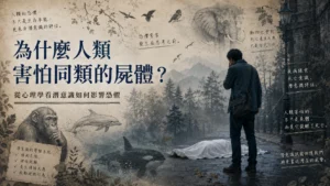 人類看見同類屍體產生恐懼,周圍結合大象、黑猩猩、海豚與虎鯨等動物元素,呈現潛意識、死亡意識與疾病迴避機制
