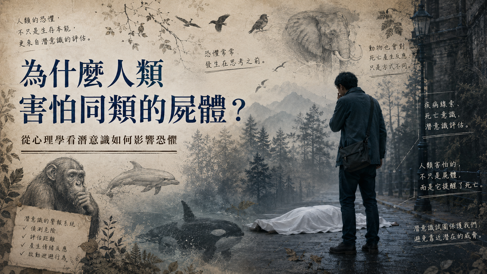人類看見同類屍體產生恐懼,周圍結合大象、黑猩猩、海豚與虎鯨等動物元素,呈現潛意識、死亡意識與疾病迴避機制
